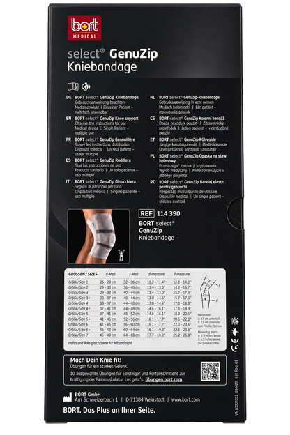 Bort select GenuZip Kniegelenkbandage links, Rückseite der Produktverpackung