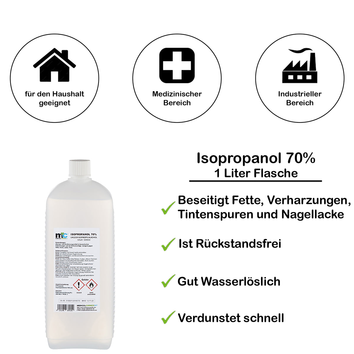 Isopropanol 70% 1-Liter-Flasche mit Etikett und Inhaltsangaben