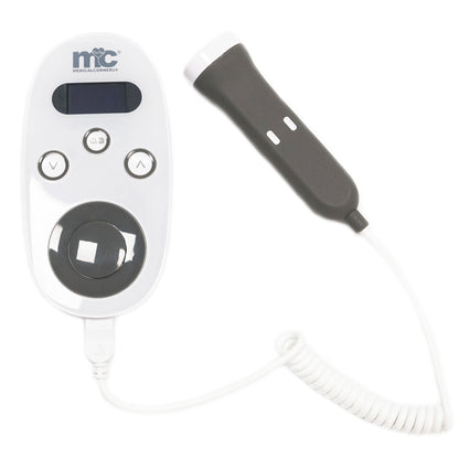 Fetal-Doppler mit grauer Sonde und flexibler Kabelschlaufe, Bediengerät mit Tasten