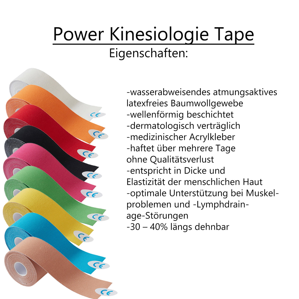 Medicalcorner24 Power-Kinesiologie-Tape, Rollen in mehreren Farben mit Produktaufdruck