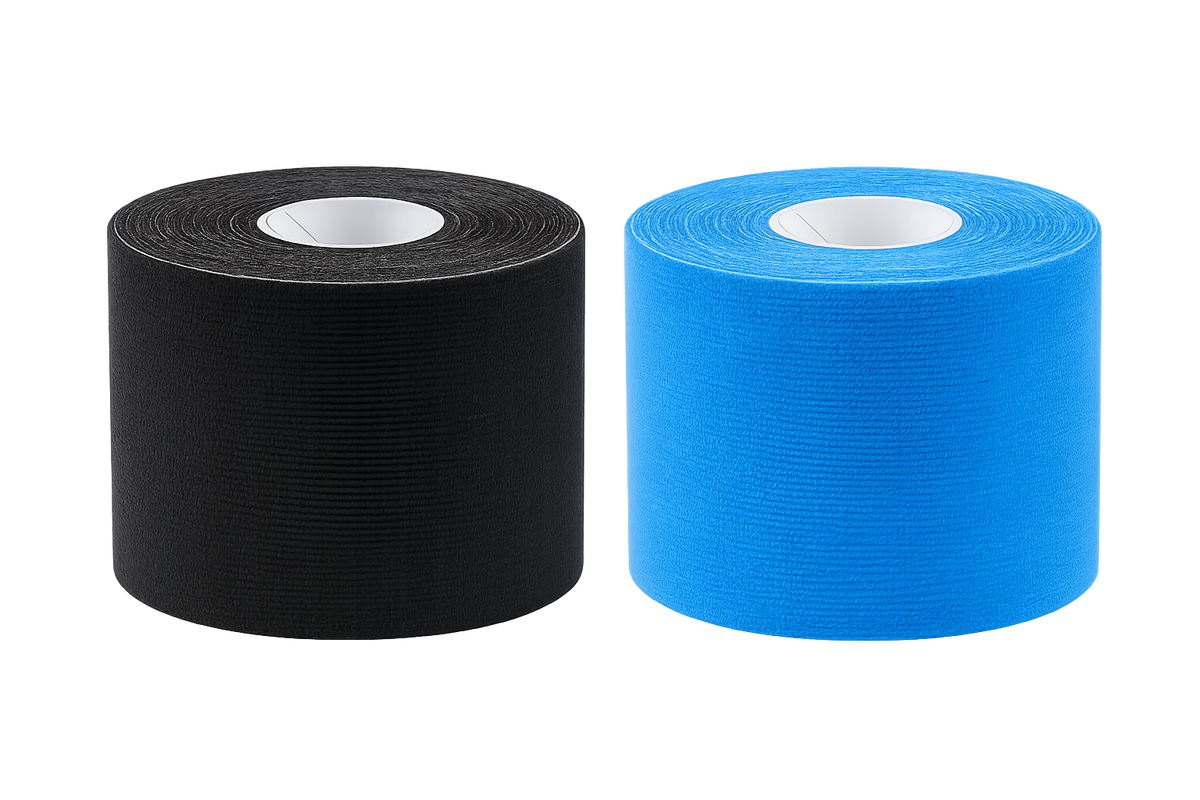 Zwei Kinesiologie-Tape-Rollen: schwarz und blau, latexfrei, 5 cm x 5 m