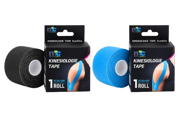 Kinesiologie-Tape-Set in Packungen: Rolle schwarz und Rolle blau, latexfrei