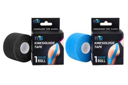 Kinesiologie-Tape-Set in Packungen: Rolle schwarz und Rolle blau, latexfrei
