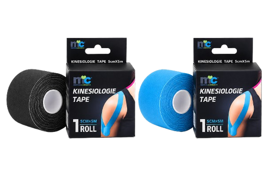 Kinesiologie-Tape-Set in Packungen: Rolle schwarz und Rolle blau, latexfrei