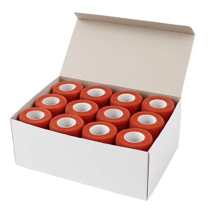 Selbsthaftende Vliesbandage-Rollen im Karton, rot, 7,5 cm