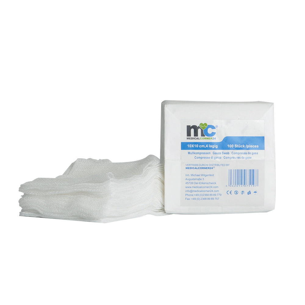 Mullkompressen 4-lagig unsteril 10×10 cm, 100 Stück, Stapel und Packung