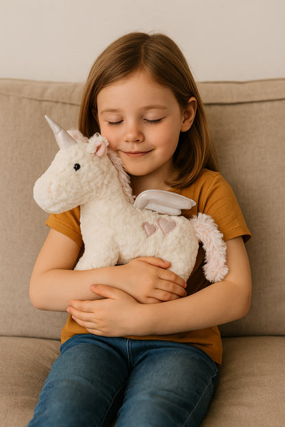 Plüsch-Einhorn-Körnerkissen mit zwei Herzapplikationen, Kind umarmt es