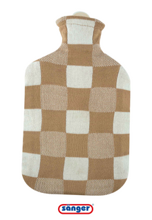 Baumwoll-Strickbezug für Wärmflasche, Karo beige/weiß